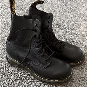 Dr. Martens Black Leather Boots with Yellow Stitching